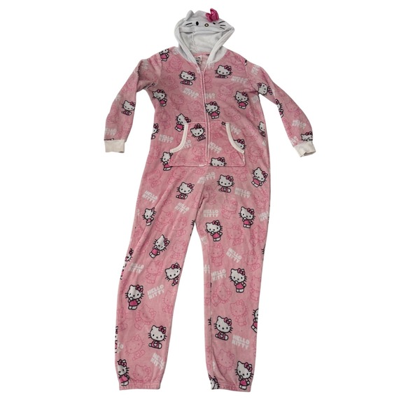 Hello Kitty Pink Hooded Adult One Piece Pajamas Full Zip Front XL Lounging - Picture 1 of 11